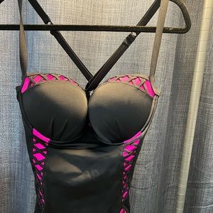 Torrid Black Lattice & Pink Peekaboo Pushup Demi Swimsuit